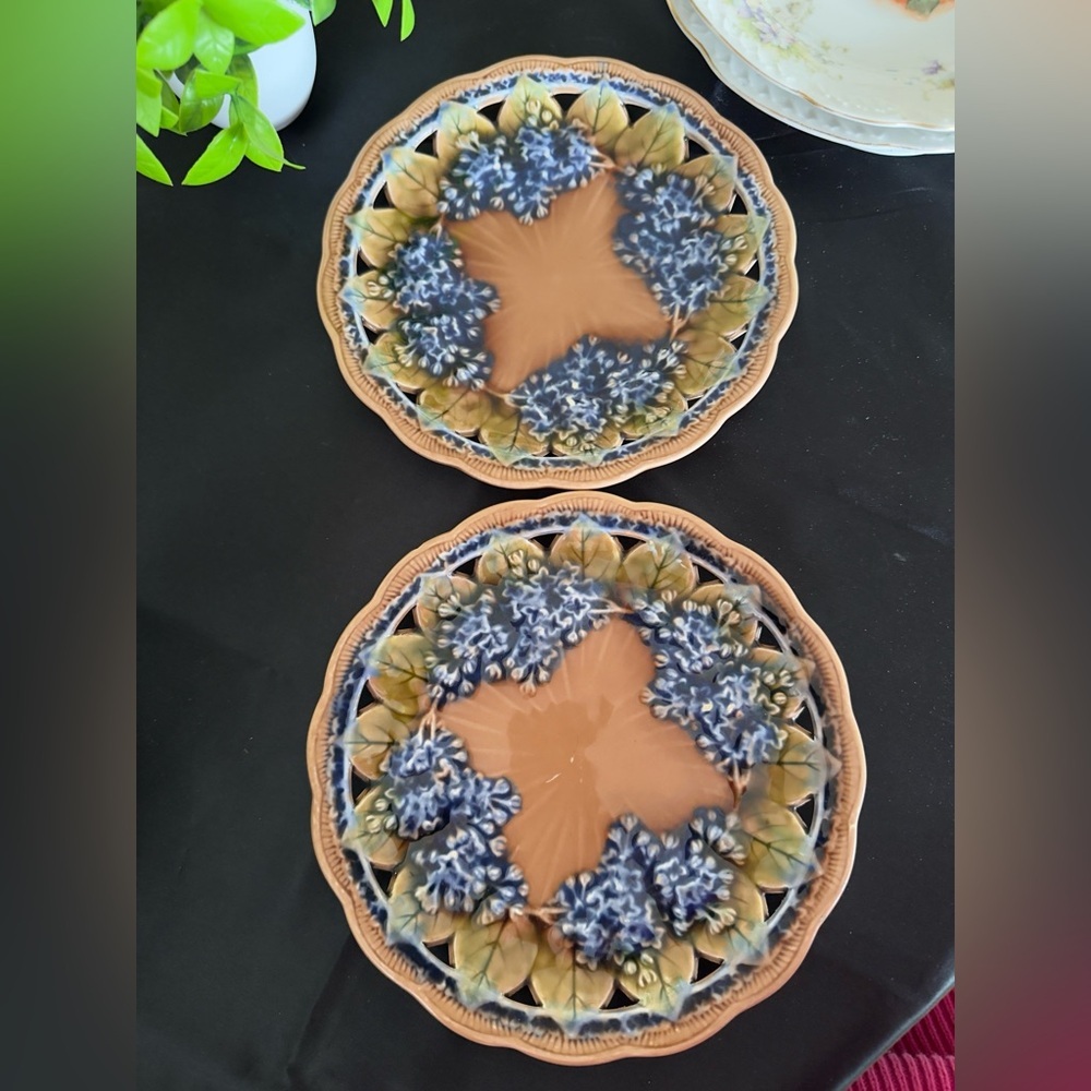 RARE Antique Villeroy & Boch Majolica Reticulated Lilac Plates